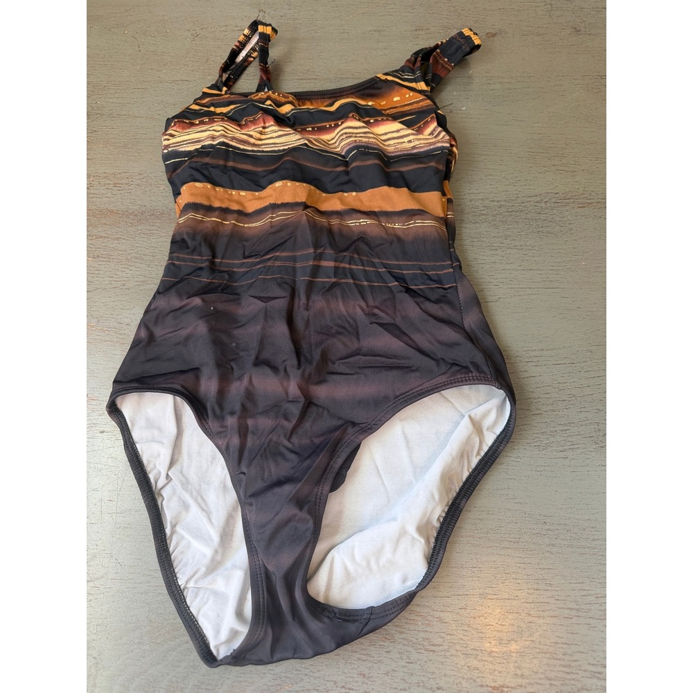Longitude Womens One Piece Swimsuit Size 8 Brown Black Abstract Stripe Crossback